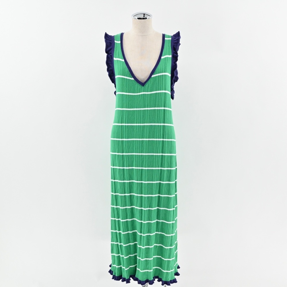 Anthropologie Daily Practice Knit Dress‎ Midi Size XL Green Stripe Cotton Ruffle